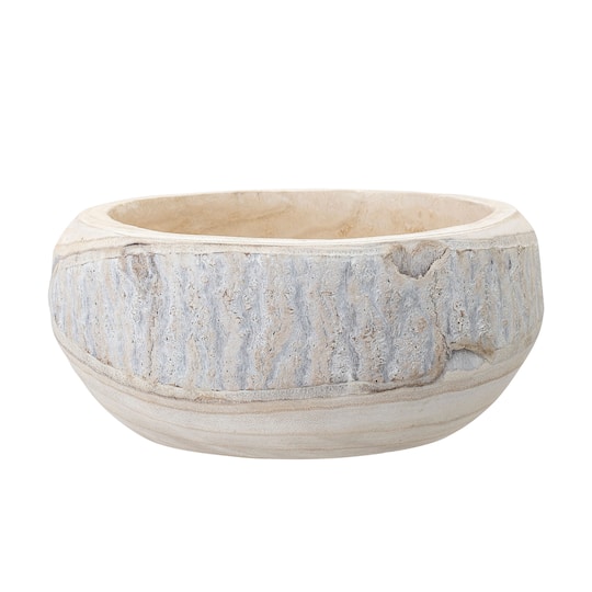 Hand-Carved Paulownia Wood Pot with Whitewashed Finish